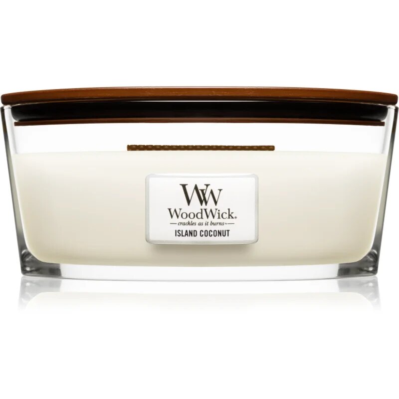 Woodwick Island Coconut dišeča sveča z lesenim stenjem (hearthwick) 453 g