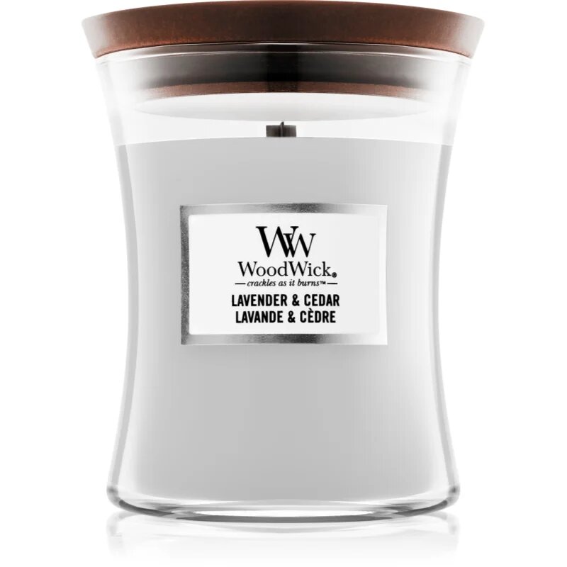 Woodwick Lavender & Cedar dišeča sveča z lesenim stenjem 275 g