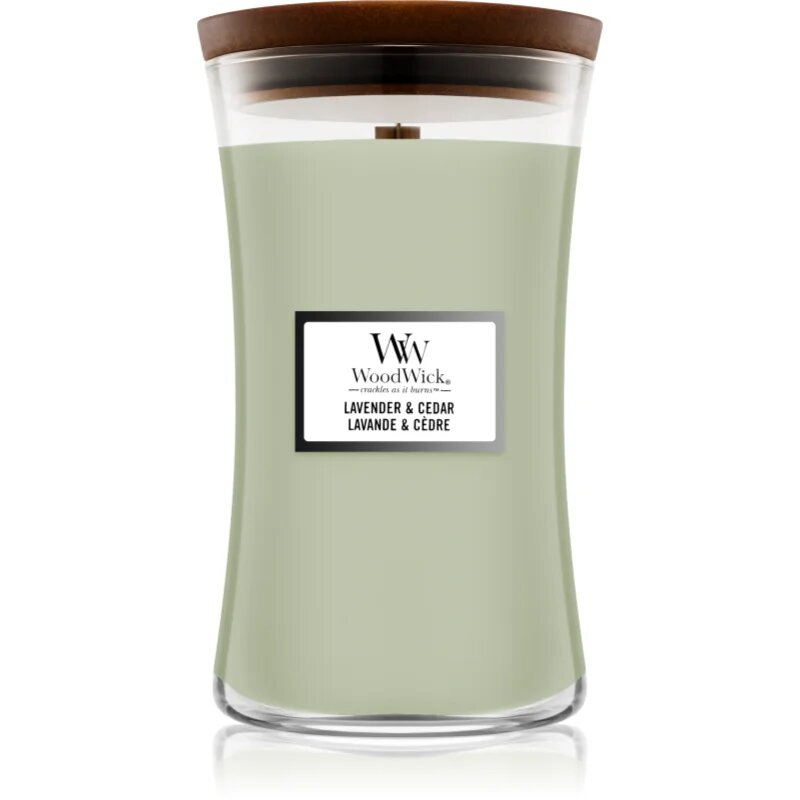 Woodwick Lavender & Cedar dišeča sveča z lesenim stenjem 610 g