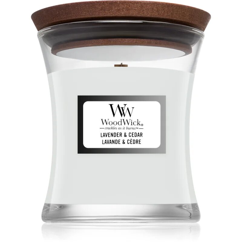 Woodwick Lavender & Cedar dišeča sveča z lesenim stenjem 85 g