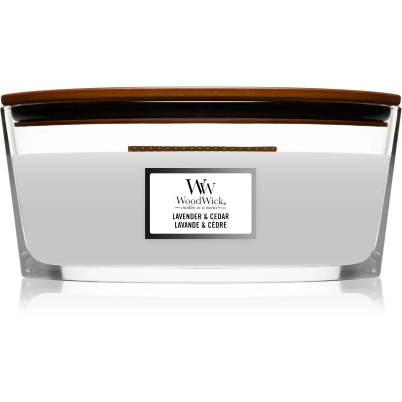 Woodwick Lavender & Cedar dišeča sveča z lesenim stenjem (hearthwick) 453.6 g