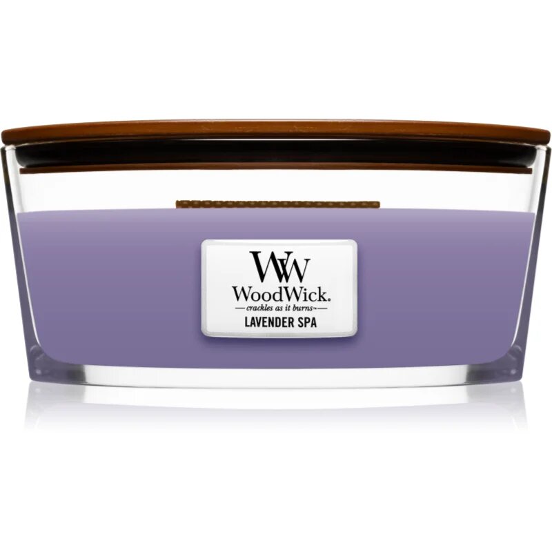 Woodwick Lavender Spa dišeča sveča z lesenim stenjem (hearthwick) 453 g
