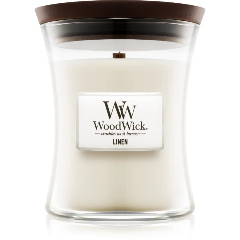 Woodwick Linen dišeča sveča z lesenim stenjem 275 g