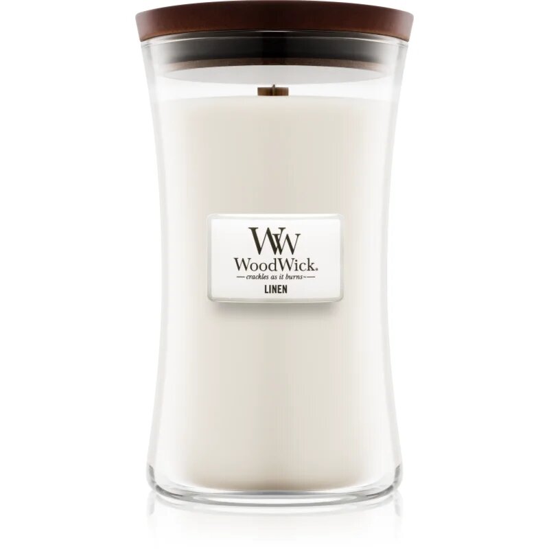 Woodwick Linen dišeča sveča z lesenim stenjem 609.5 g