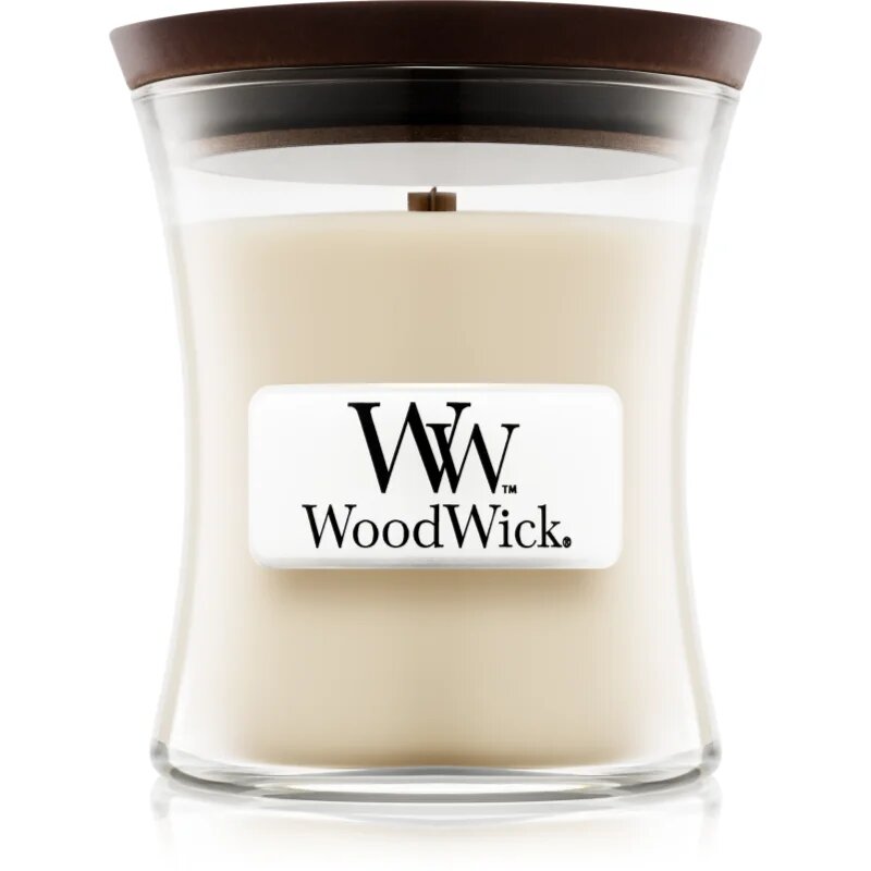 Woodwick Linen dišeča sveča z lesenim stenjem 85 g