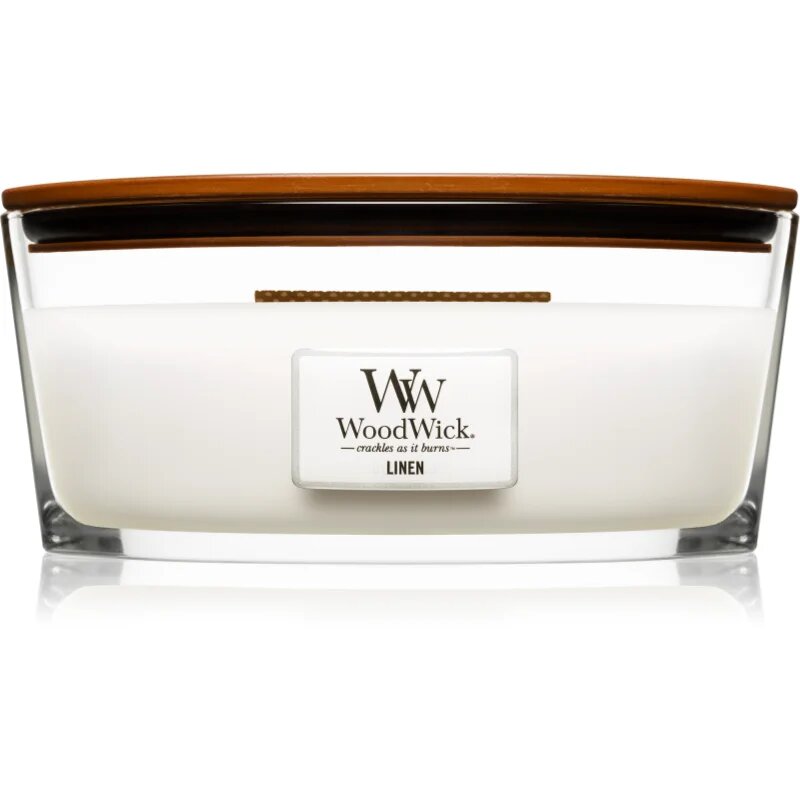Woodwick Linen dišeča sveča z lesenim stenjem (hearthwick) 453.6 g