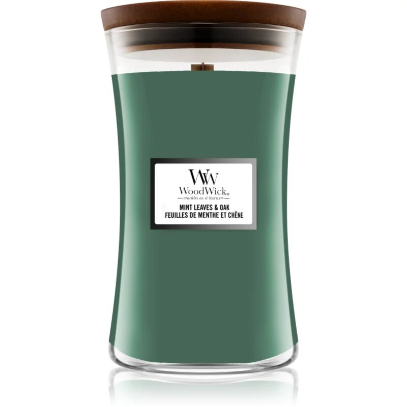 Woodwick Mint Leaves & Oak dišeča sveča z lesenim stenjem 609.5 g