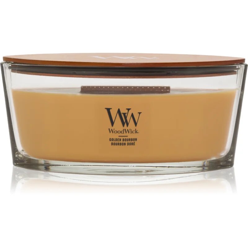 Woodwick Opulent Wood Golden Bourbon dišeča sveča z lesenim stenjem (hearthwick) 453.6 g