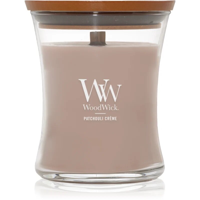 Woodwick Opulent Wood Patchouli Creme dišeča sveča z lesenim stenjem 275 g