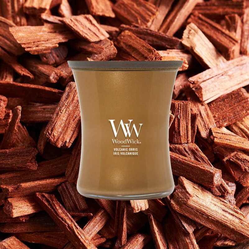 Woodwick Precious Metals Volkanic Orris dišeča sveča 275 g