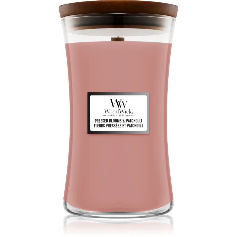 Woodwick Pressed Blooms & Patchouli dišeča sveča z lesenim stenjem 609.5 g