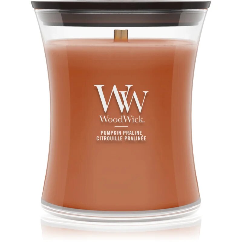Woodwick Pumpkin Praline dišeča sveča z lesenim stenjem 275 g
