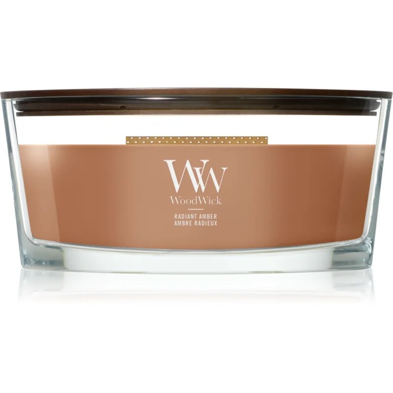 Woodwick Radiant Amber dišeča sveča z lesenim stenjem 453.6 g