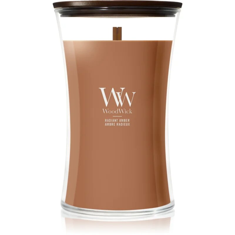 Woodwick Radiant Amber dišeča sveča z lesenim stenjem 610 g