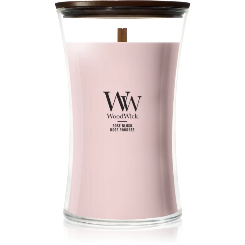Woodwick Rose Blush dišeča sveča z lesenim stenjem 610 g