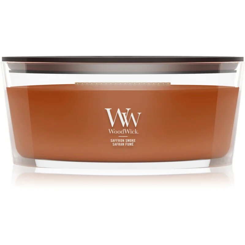 Woodwick Saffron Smoke dišeča sveča z lesenim stenjem 453.6 g