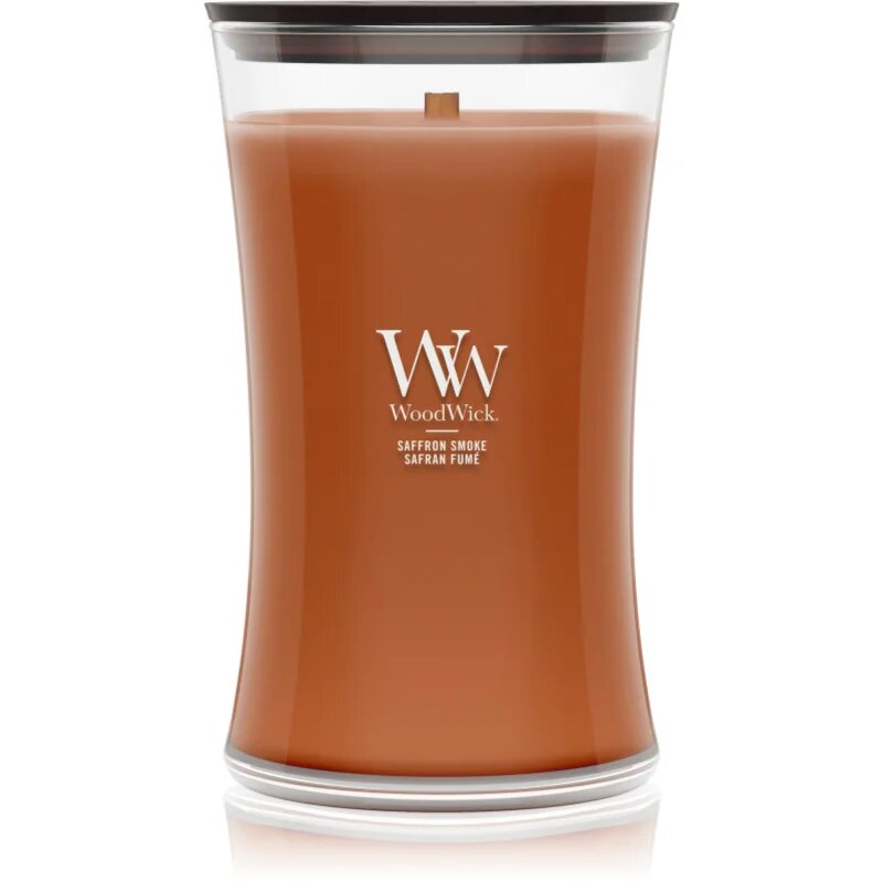 Woodwick Saffron Smoke dišeča sveča z lesenim stenjem 610 g