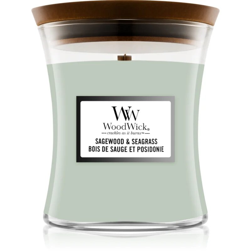 Woodwick Sagewood & Seagrass dišeča sveča z lesenim stenjem 275 g