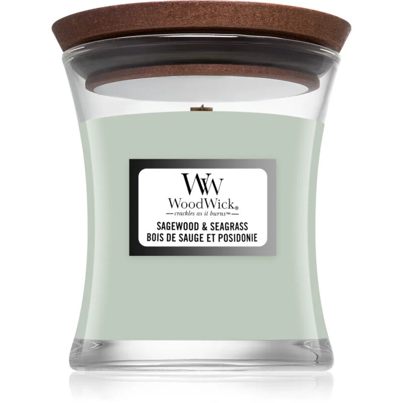 Woodwick Sagewood & Seagrass dišeča sveča z lesenim stenjem 85 g