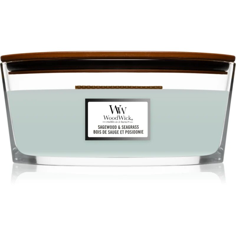 Woodwick Sagewood & Seagrass dišeča sveča z lesenim stenjem (hearthwick) 4536 g