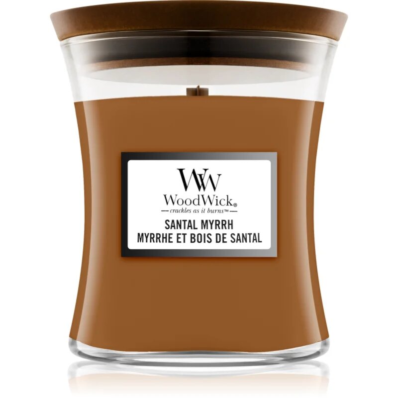 Woodwick Santal Myrrh dišeča sveča z lesenim stenjem 275 g