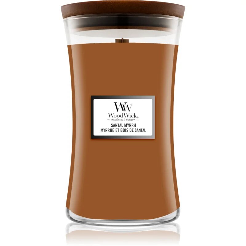 Woodwick Santal Myrrh dišeča sveča z lesenim stenjem 610 g