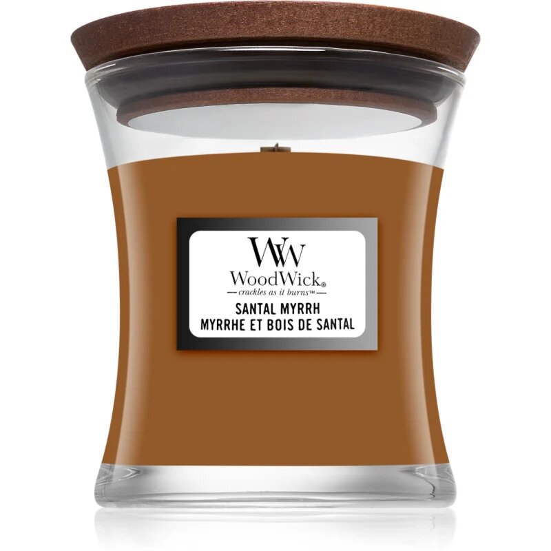 Woodwick Santal Myrrh dišeča sveča z lesenim stenjem 85 g