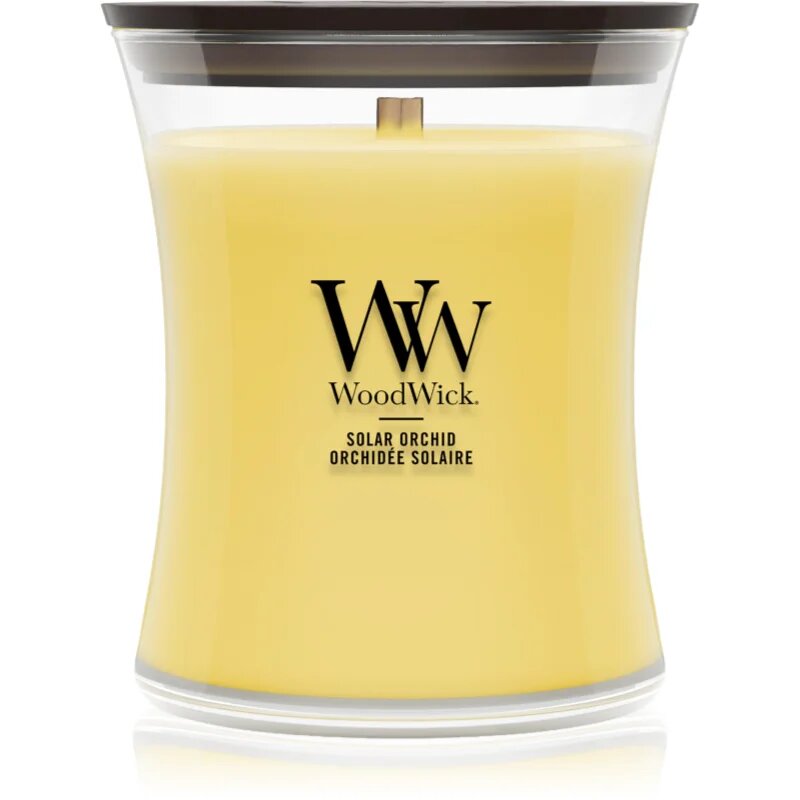 Woodwick Solar Orchid dišeča sveča z lesenim stenjem 275 g