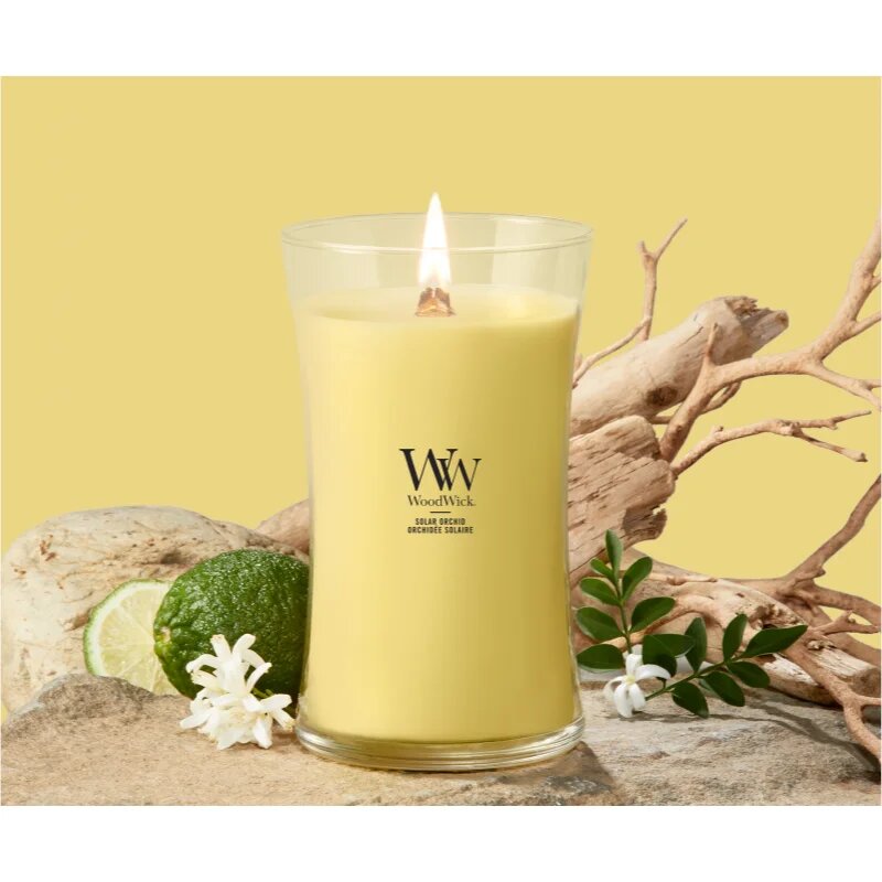 Woodwick Solar Orchid dišeča sveča z lesenim stenjem 610 g