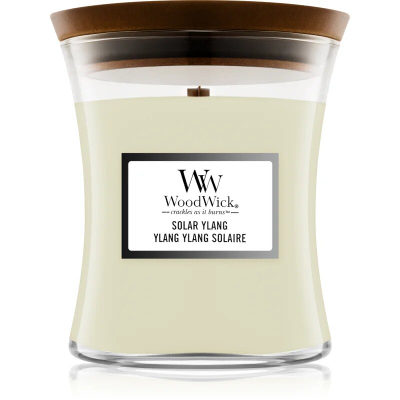 Woodwick Solar Ylang dišeča sveča z lesenim stenjem 275 g