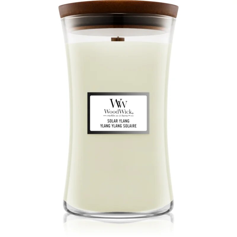 Woodwick Solar Ylang dišeča sveča z lesenim stenjem 609.5 g