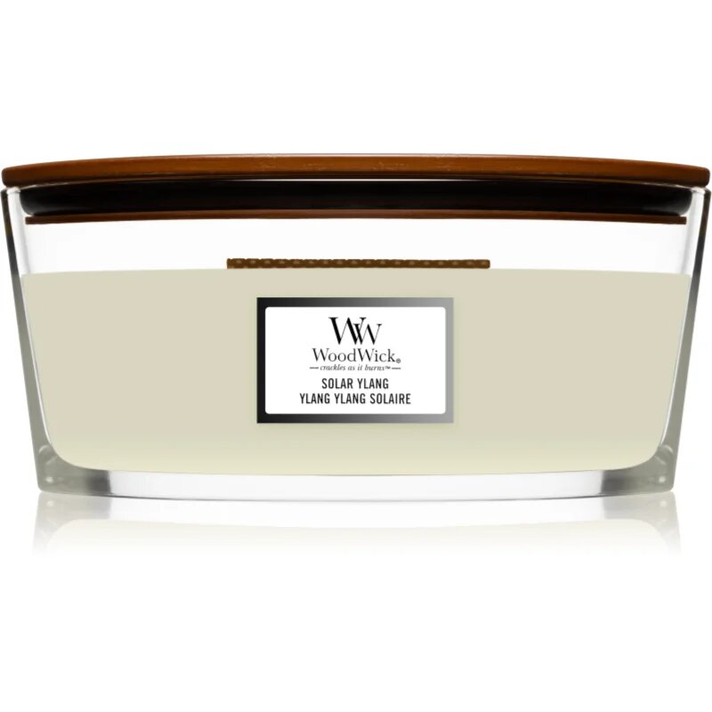 Woodwick Solar Ylang dišeča sveča z lesenim stenjem (hearthwick) 453.6 g