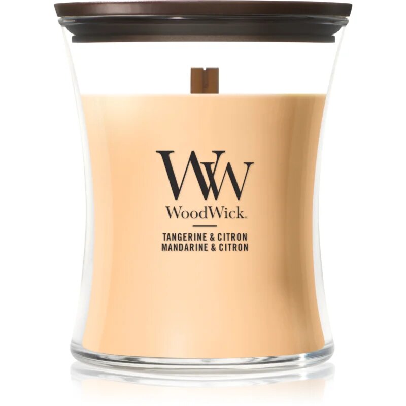Woodwick Tangerine & Citron dišeča sveča z lesenim stenjem 275 g