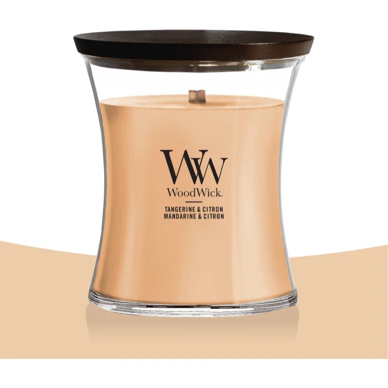 Woodwick Tangerine & Citron dišeča sveča z lesenim stenjem 275 g