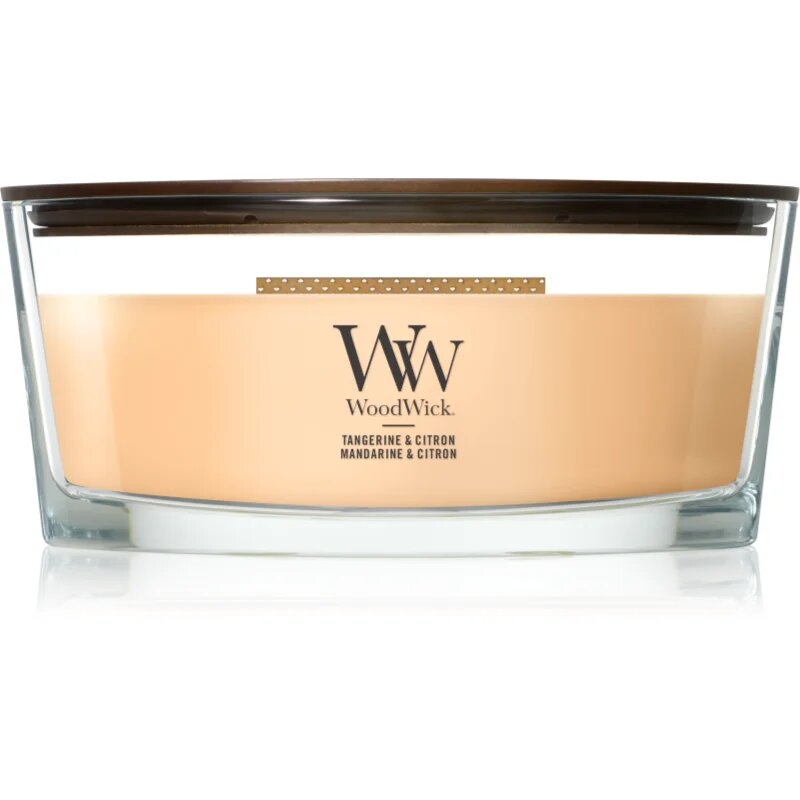 Woodwick Tangerine & Citron dišeča sveča z lesenim stenjem 453.6 g