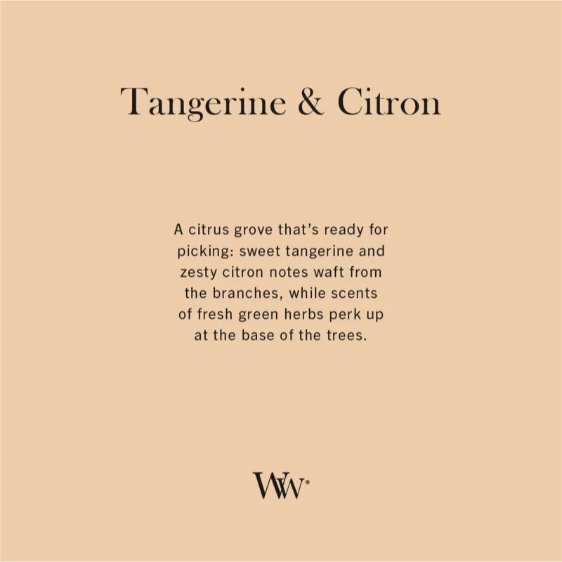 Woodwick Tangerine & Citron dišeča sveča z lesenim stenjem 453.6 g
