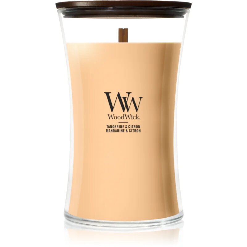Woodwick Tangerine & Citron dišeča sveča z lesenim stenjem 610 g