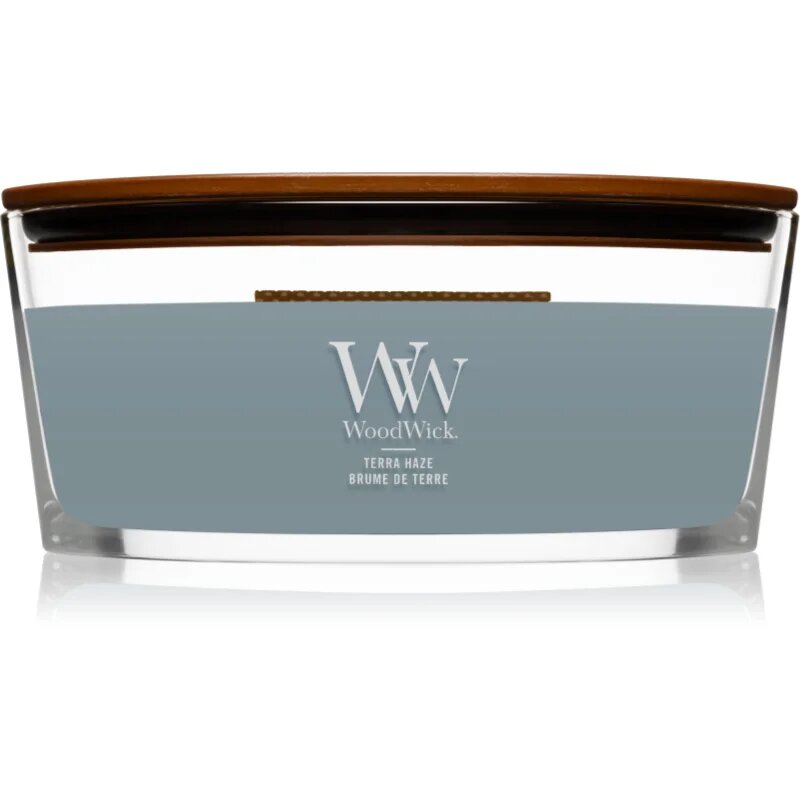 Woodwick Terra Haze dišeča sveča z lesenim stenjem (hearthwick) 453 g