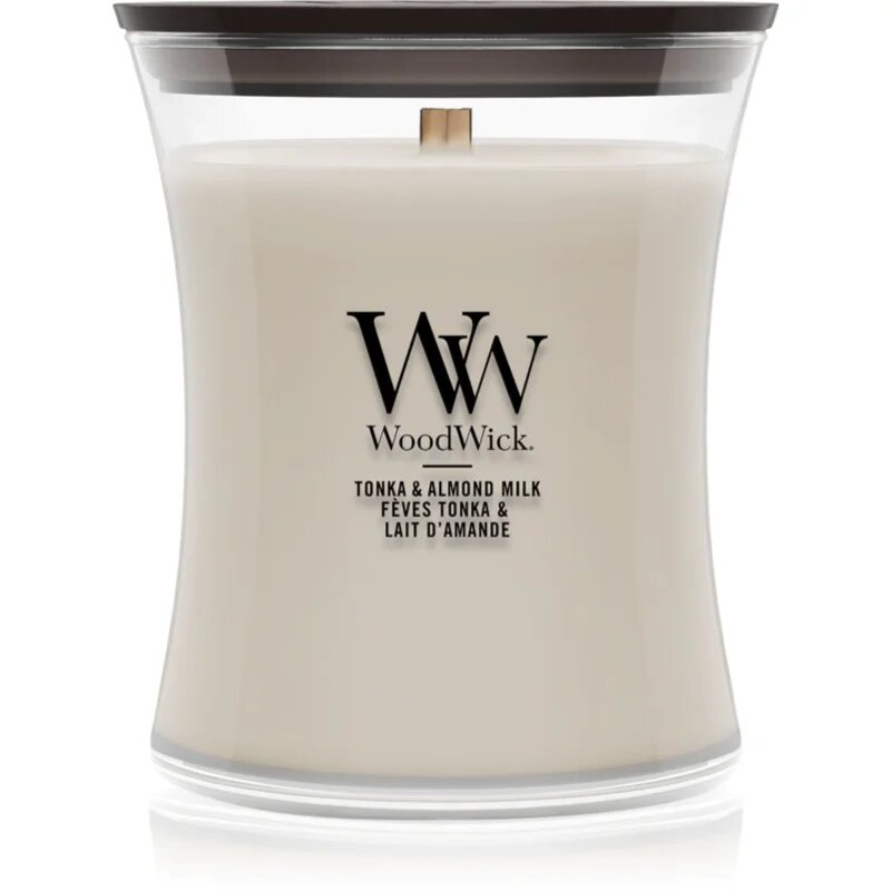 Woodwick Tonka & Almond Milk dišeča sveča z lesenim stenjem 275 g