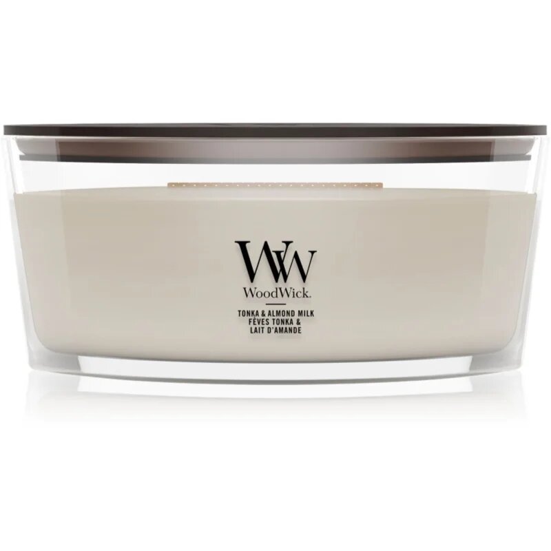 Woodwick Tonka & Almond Milk dišeča sveča z lesenim stenjem 453.6 g