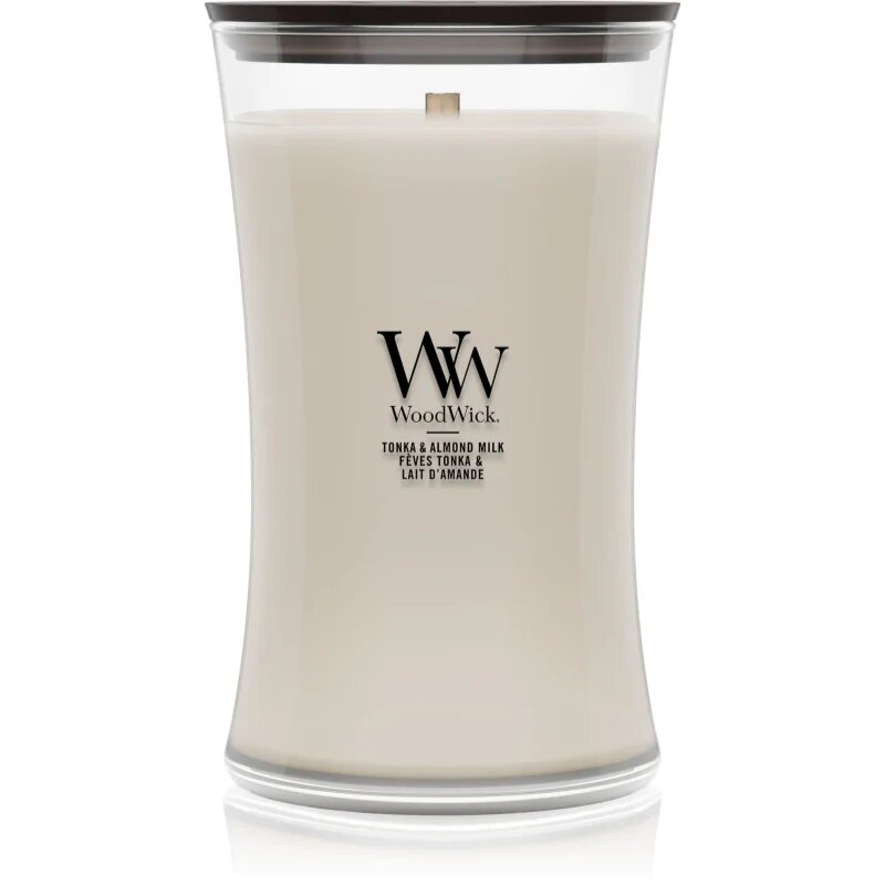 Woodwick Tonka & Almond Milk dišeča sveča z lesenim stenjem 610 g