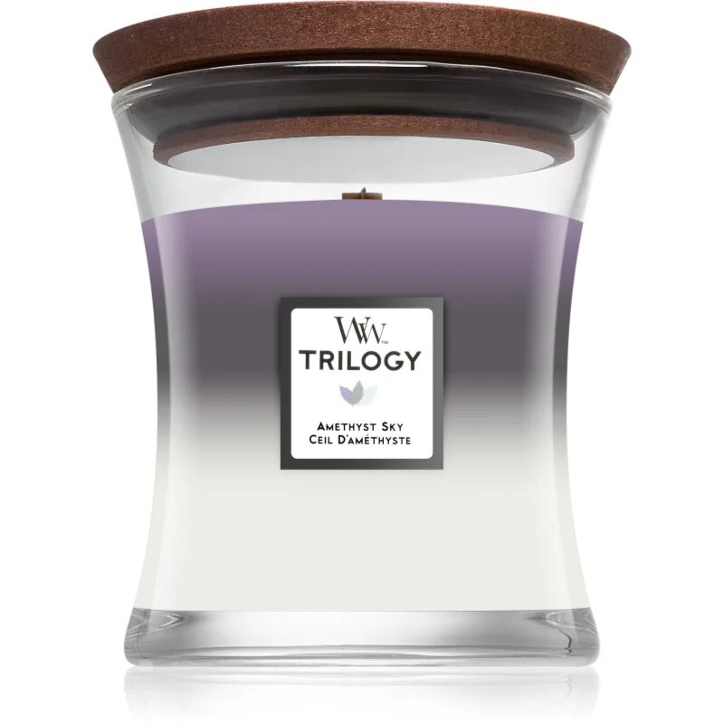 Woodwick Trilogy Amethyst Sky dišeča sveča z lesenim stenjem 275 g