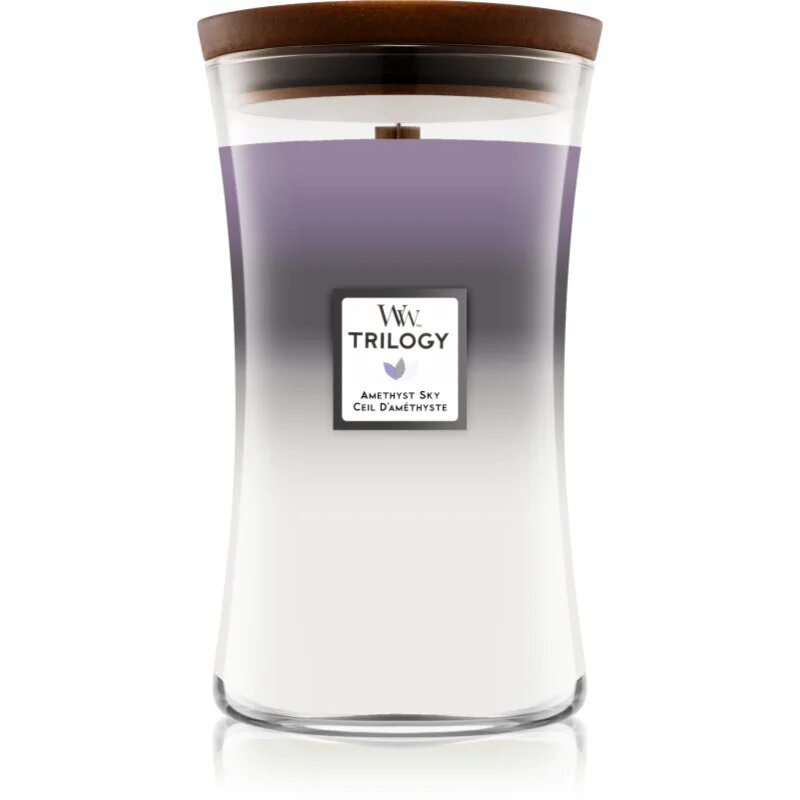 Woodwick Trilogy Amethyst Sky dišeča sveča z lesenim stenjem 609.5 g