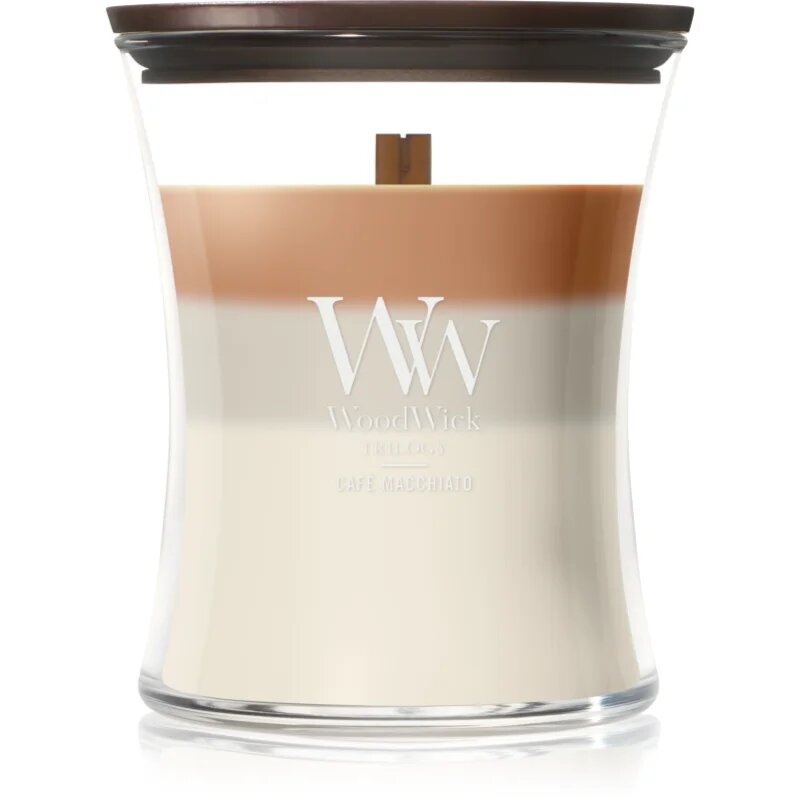 Woodwick Trilogy Café Macchiato dišeča sveča z lesenim stenjem 275 g