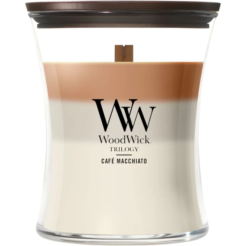 Woodwick Trilogy Café Macchiato dišeča sveča z lesenim stenjem 275 g