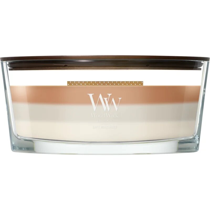 Woodwick Trilogy Café Macchiato dišeča sveča z lesenim stenjem 453.6 g