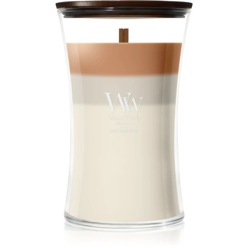 Woodwick Trilogy Café Macchiato dišeča sveča z lesenim stenjem 610 g