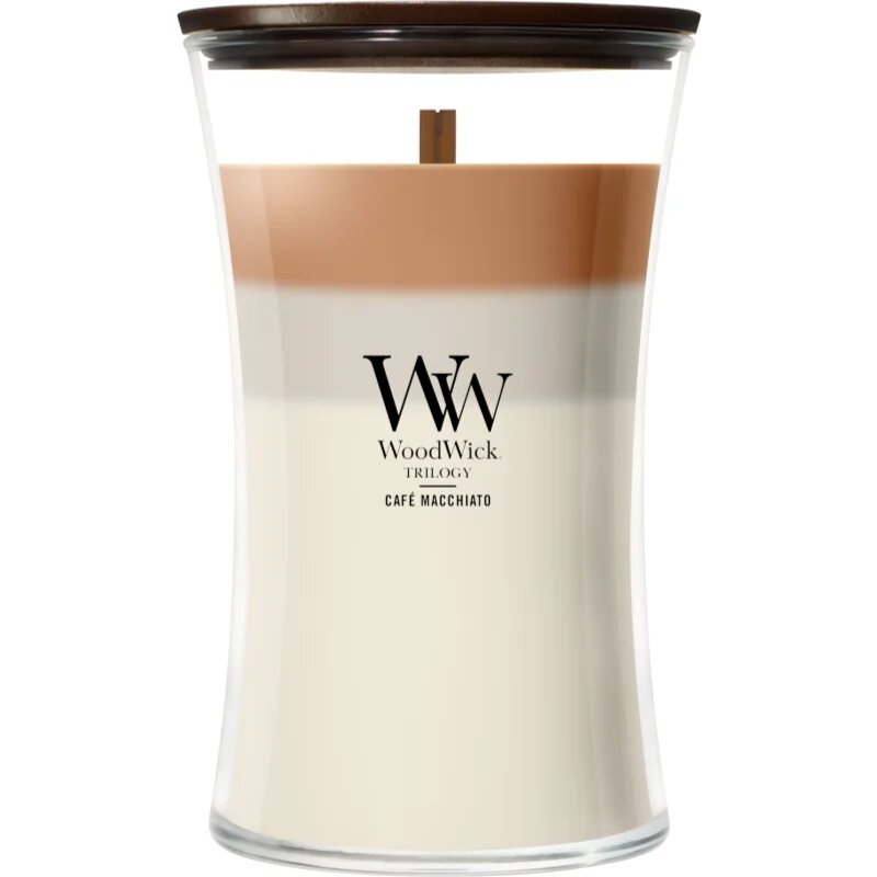Woodwick Trilogy Café Macchiato dišeča sveča z lesenim stenjem 610 g