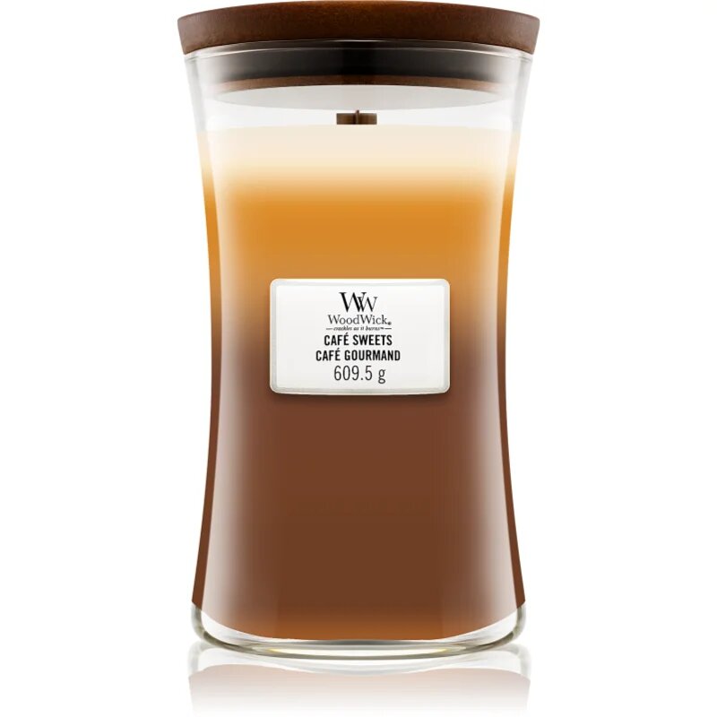 Woodwick Trilogy Café Sweets dišeča sveča z lesenim stenjem 609.5 g