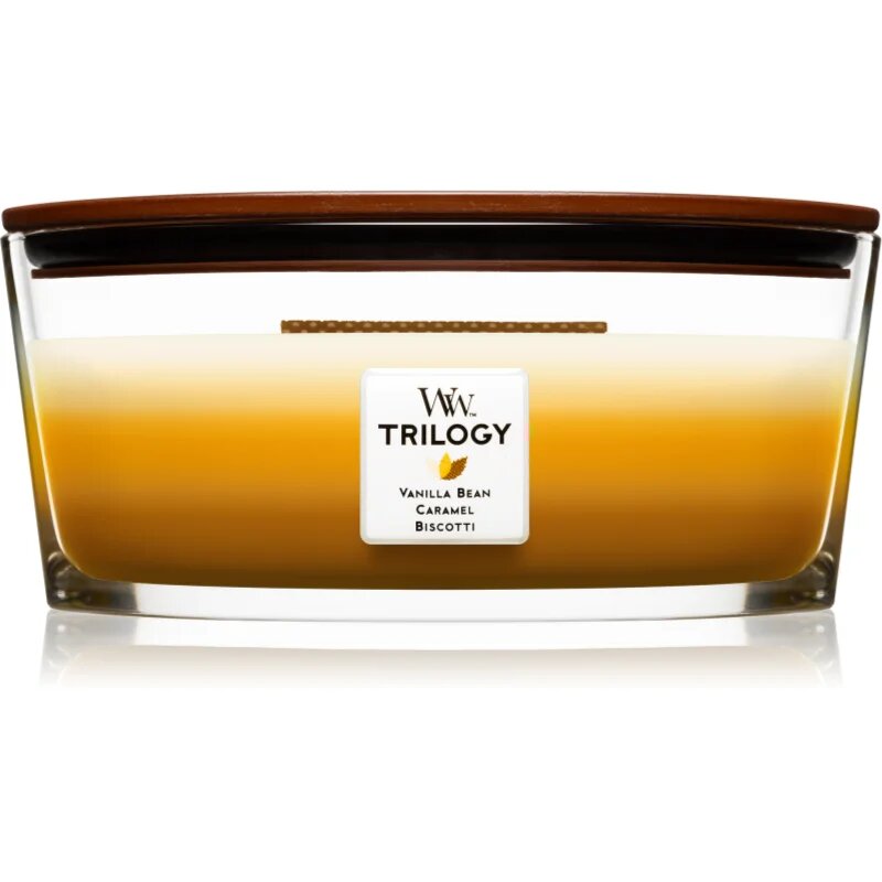 Woodwick Trilogy Café Sweets dišeča sveča z lesenim stenjem (hearthwick) 453.6 g